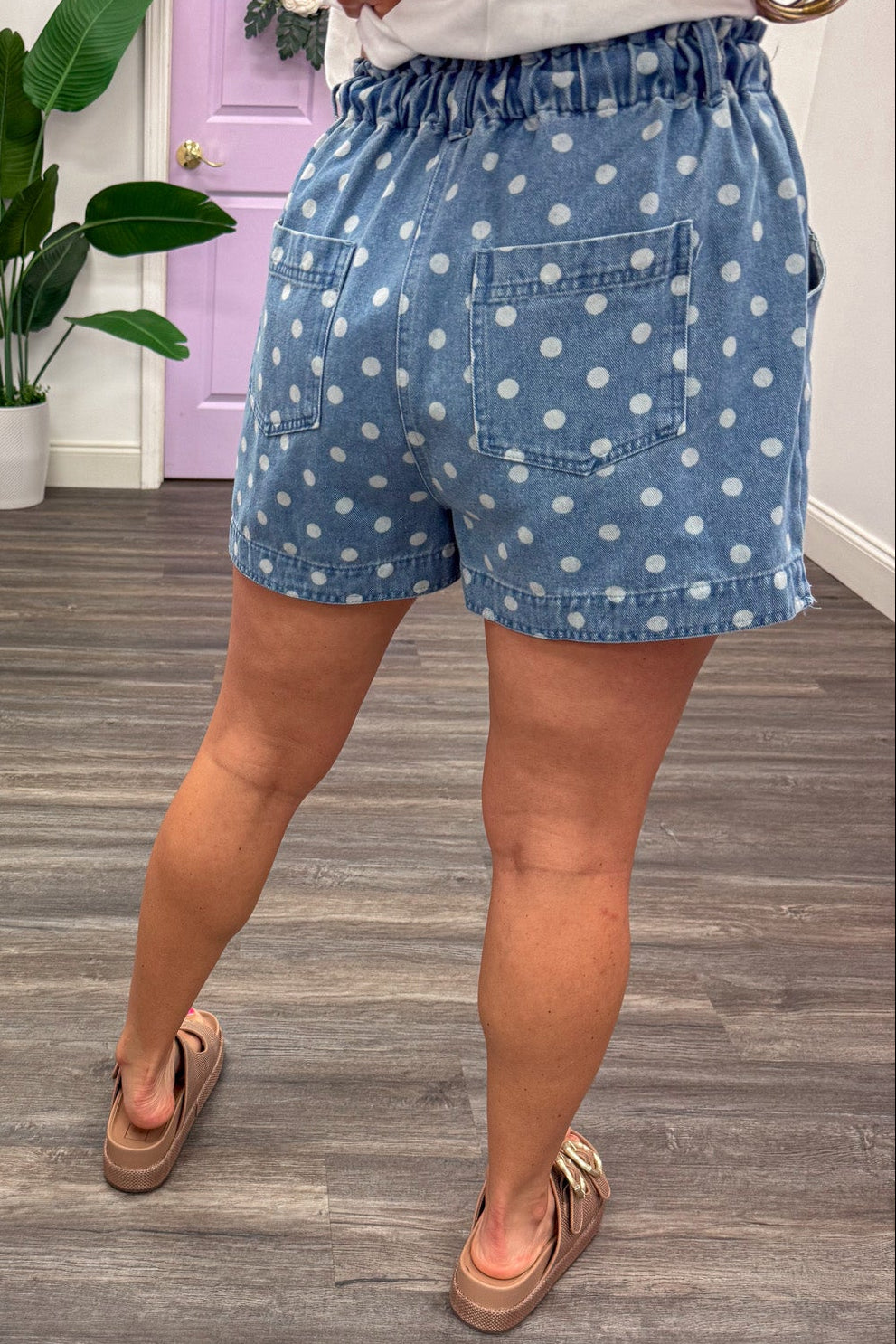 washed blue denim with white polka dot print wide leg paperbag waist shorts with back pockets