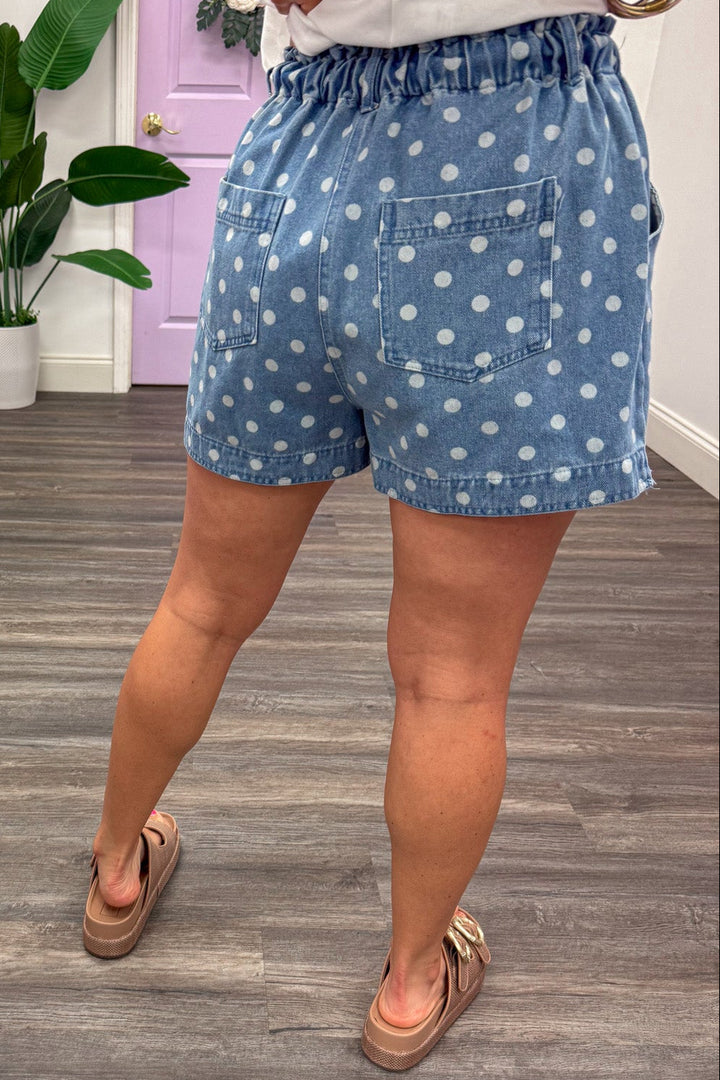 washed blue denim with white polka dot print wide leg paperbag waist shorts with back pockets