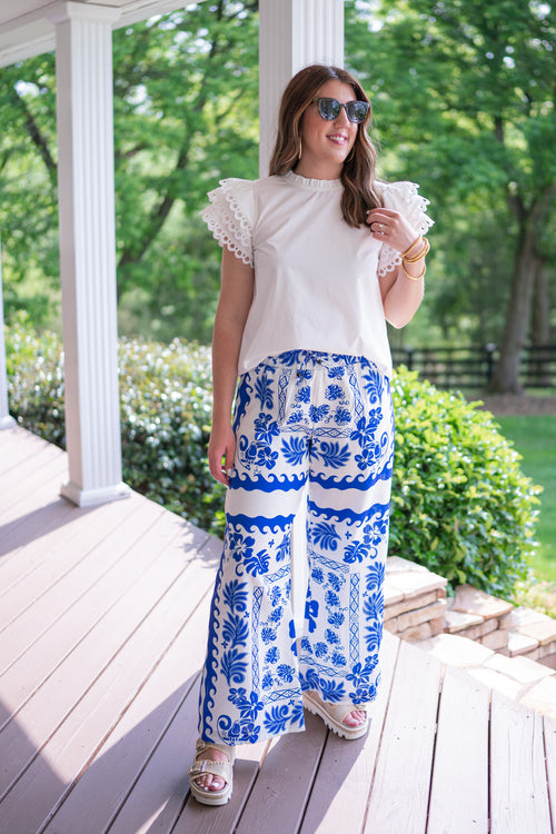 blue white floral palazzo pants