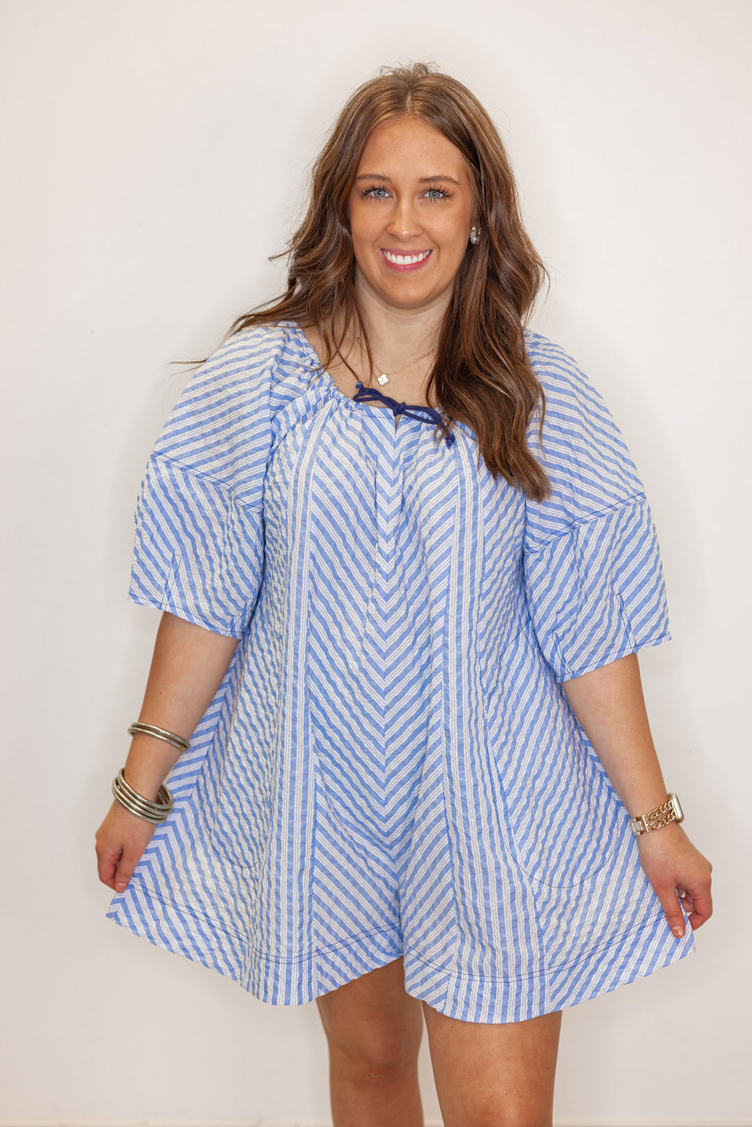 blue white crinkle gauze romper