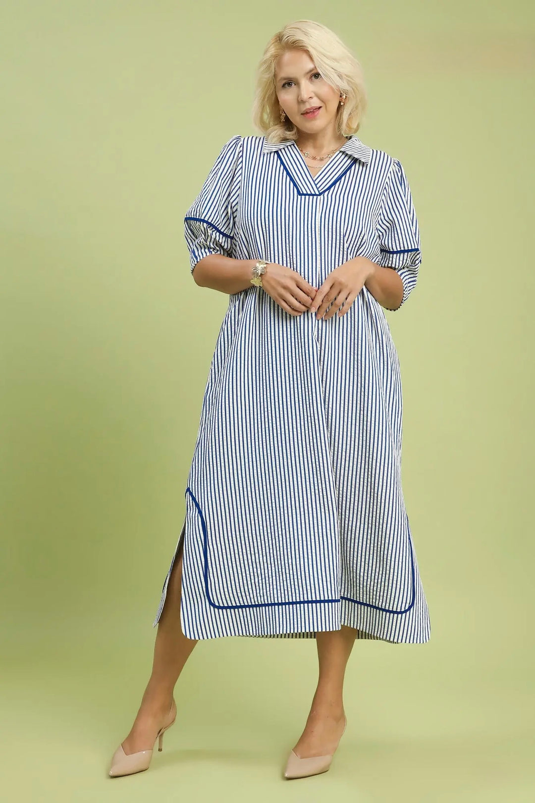 Women's Umgee textured blue and white striped midi dress with navy trim in plus size