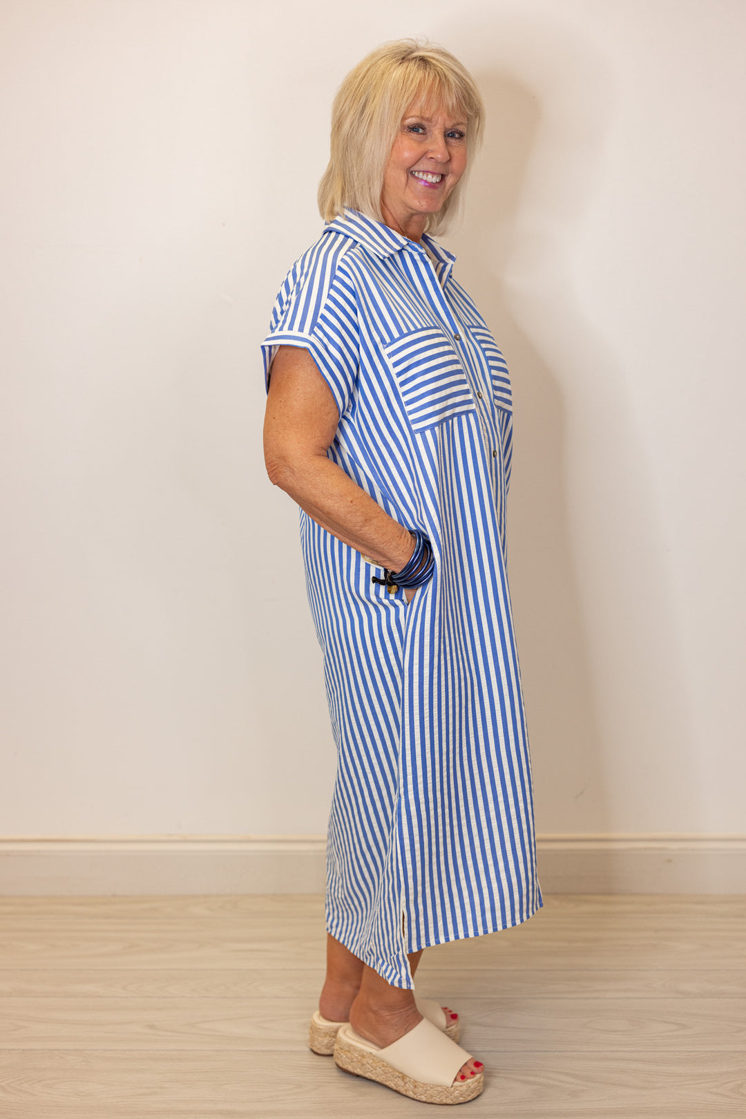 blue white stripe button front midi dress