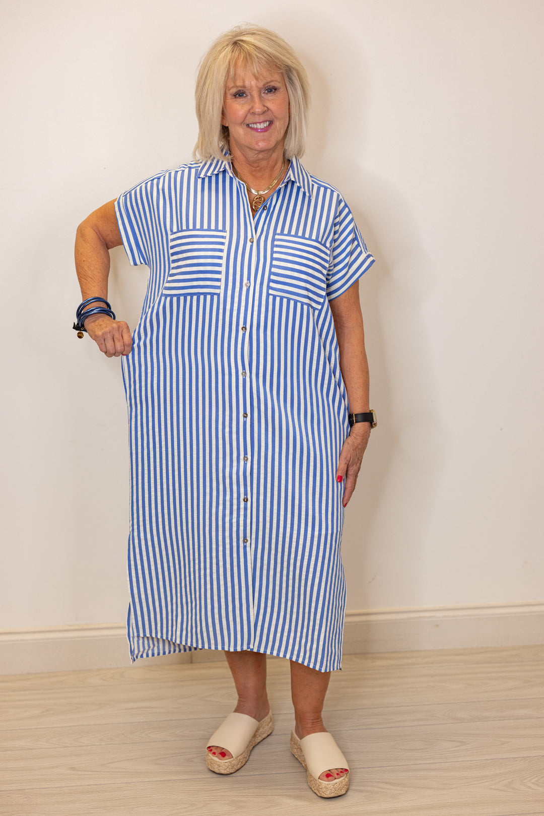 blue white stripe button front midi dress