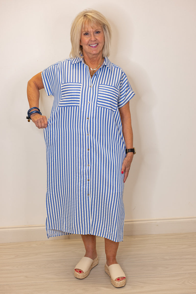 blue white stripe button front midi dress