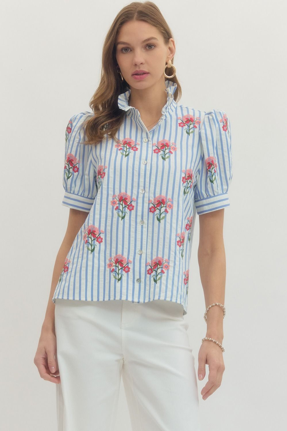 Entro blue and white striped button front top with pink and red embroidered flowers