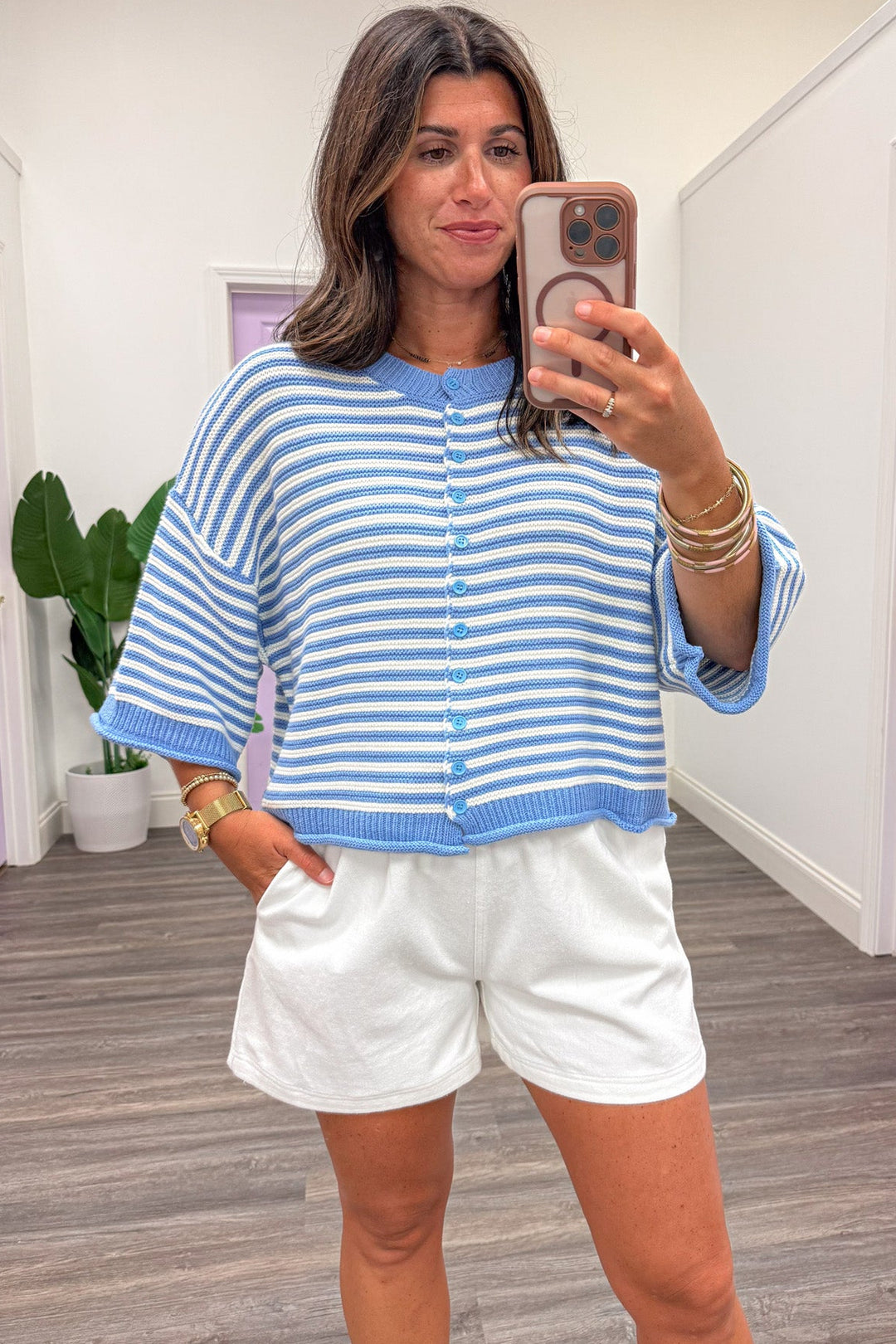 blue and off white striped button front crew neckline semi-cropped textured knit cardigan top