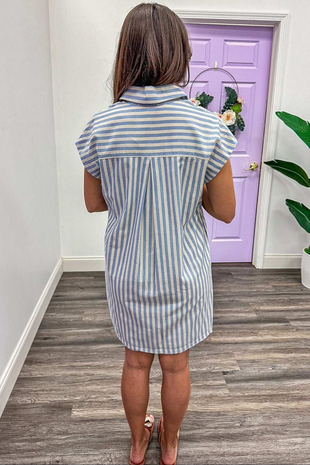 blue and white striped dress off the shoulder Claudia Off Shoulder Striped Dress in Cotton fbrq.com