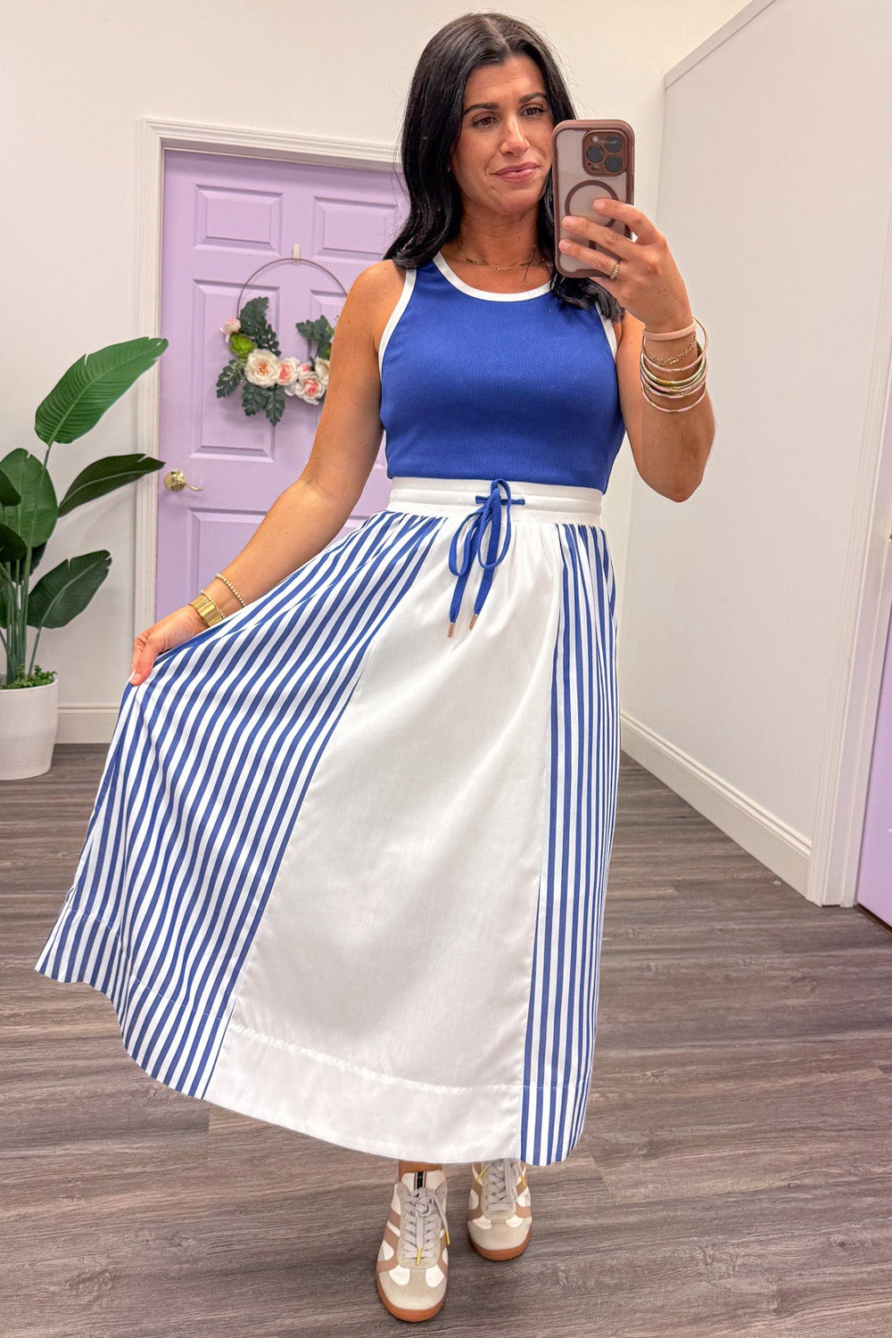 white and royal blue vertical striped colorblock midi dress with flowy poplin skirt