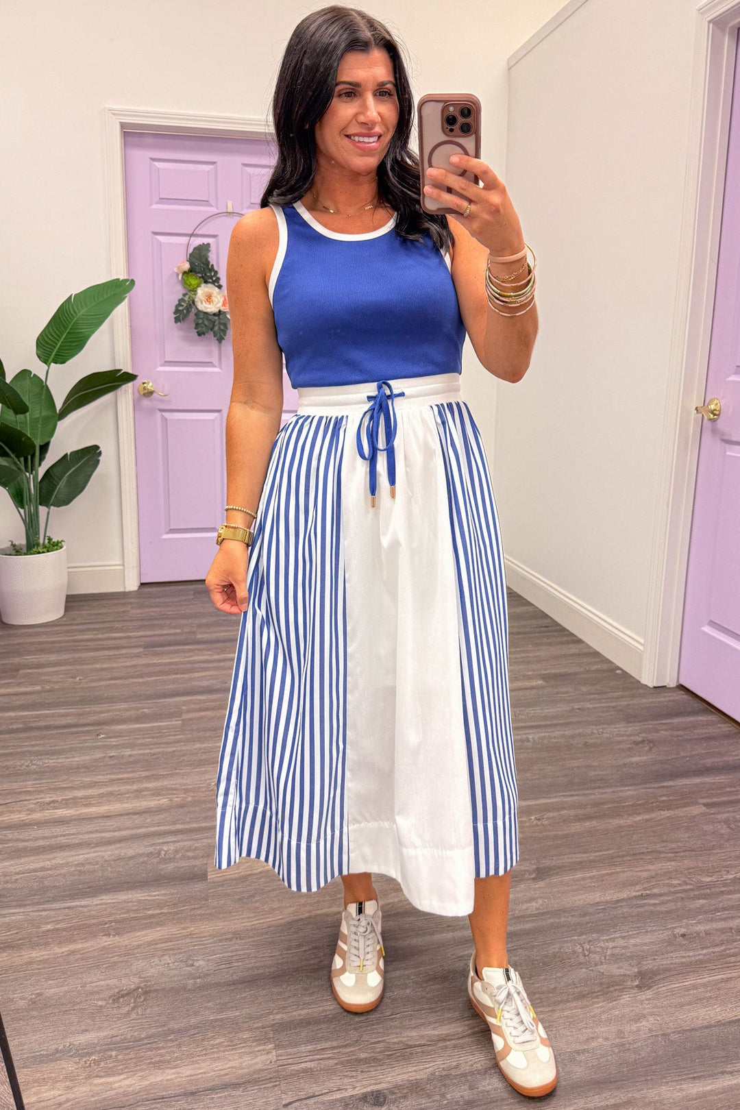 white and royal blue vertical striped detail colorblock sleeveless midi dress
