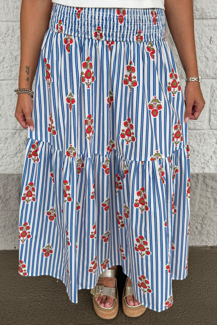 blue and white striped with orange and sage floral print wide smocked waistband maxi skirt