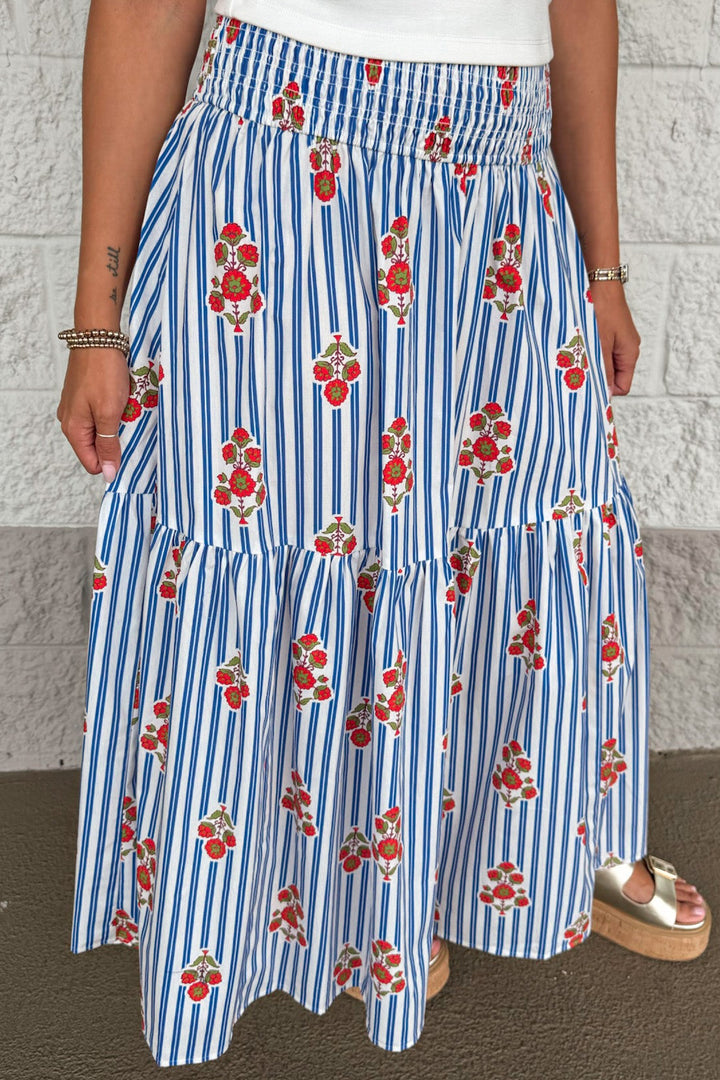blue and white striped with orange and sage floral print cotton poplin maxi skirt