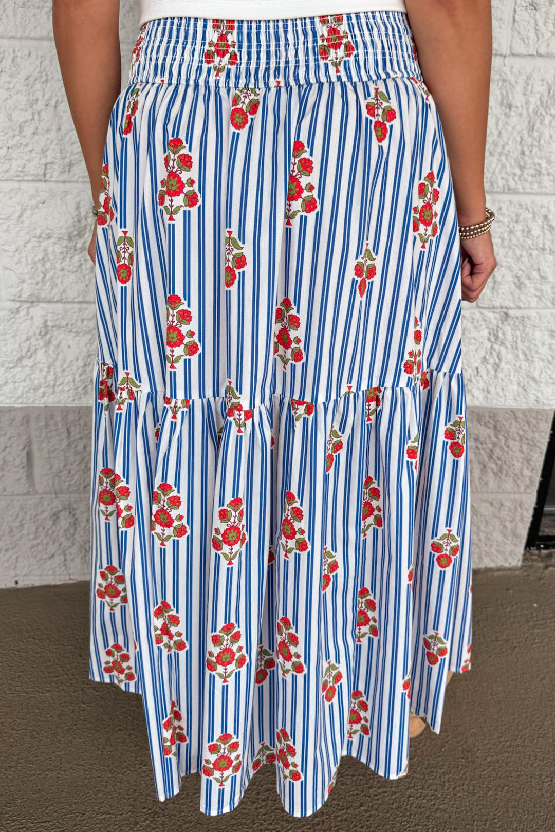blue and white striped with orange and sage floral print lightweight poplin maxi skirt