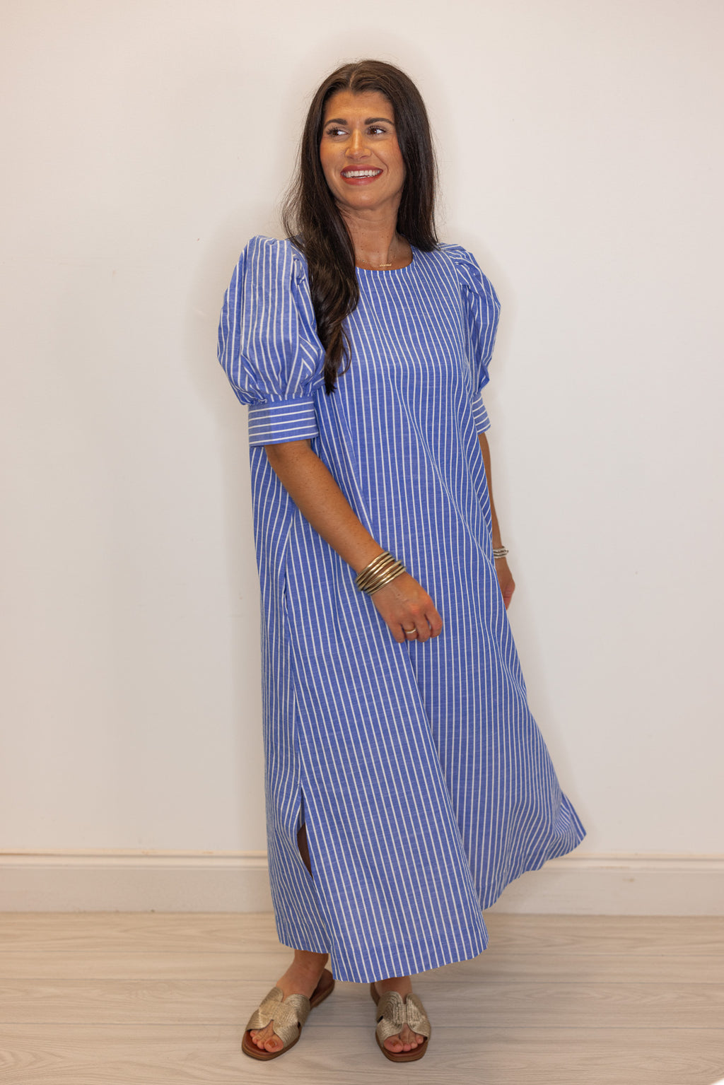 cotton linen blue white stripe casual midi dress