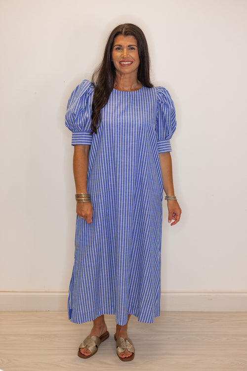 cotton blue white stripe casual midi dress