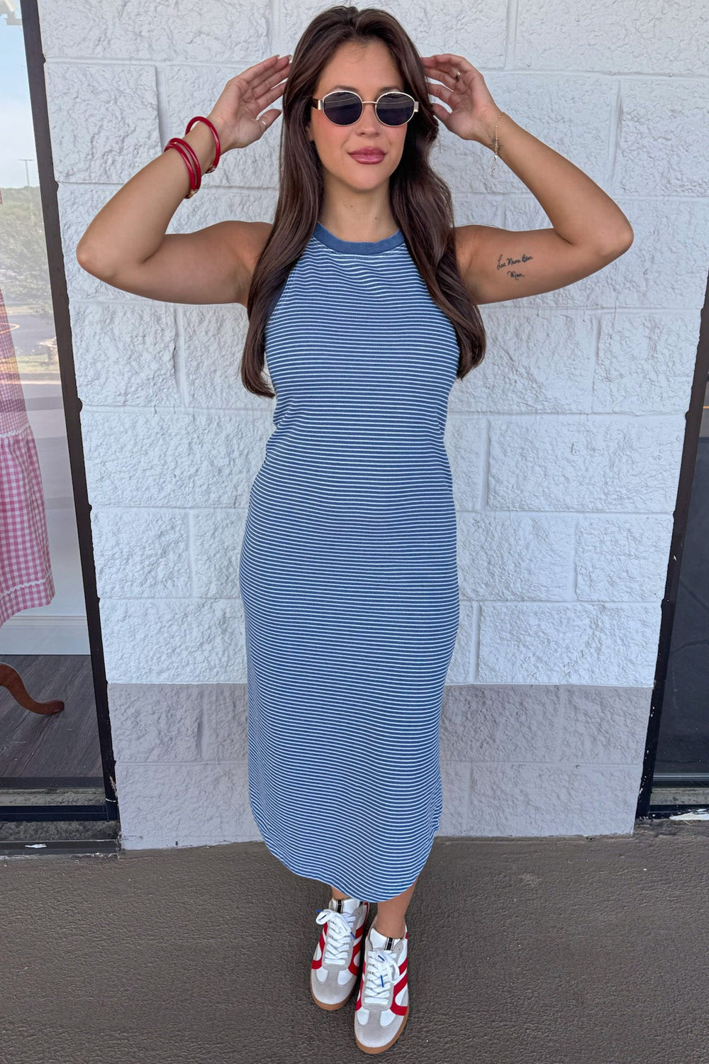 washed blue and off white horizontal striped terry knit midi dress
