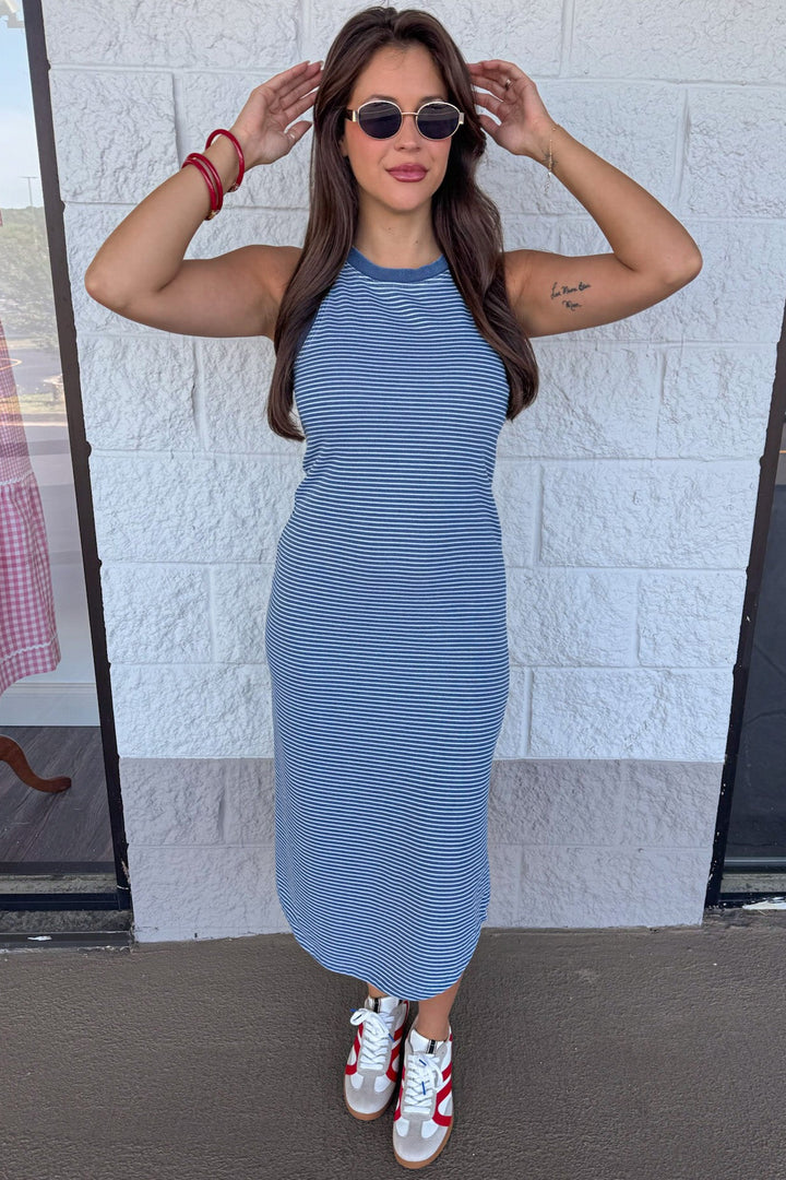 washed blue and off white horizontal striped terry knit midi dress