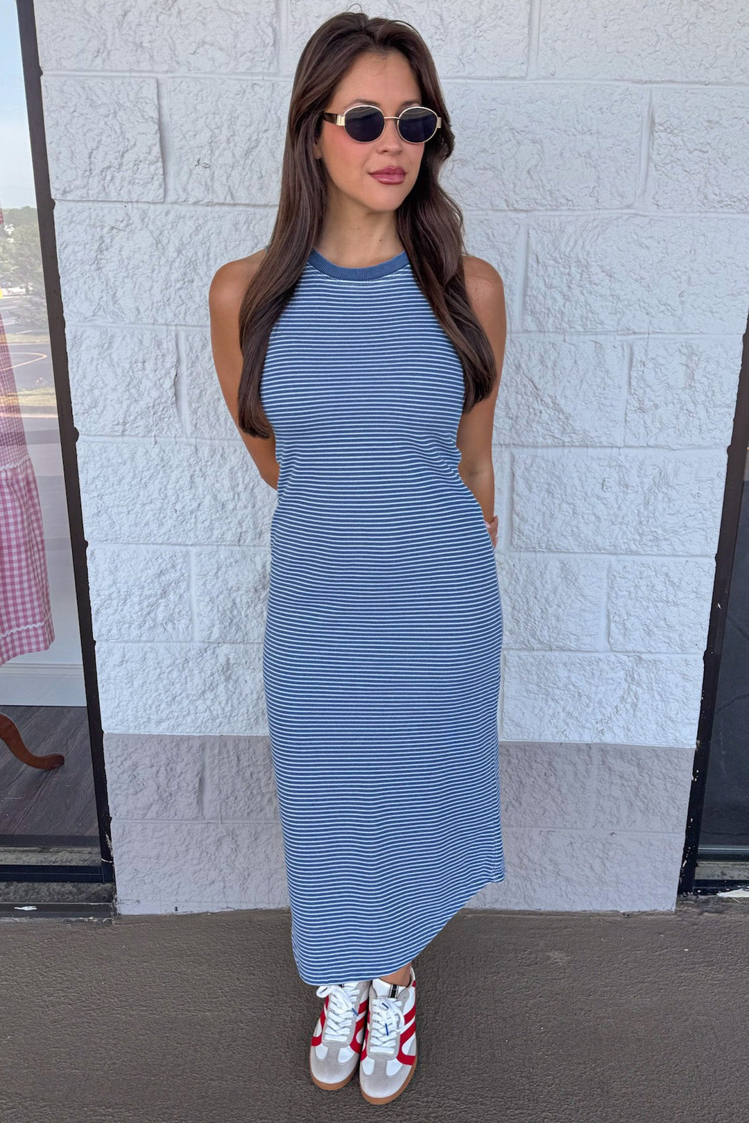 washed blue and off white horizontal striped sleeveless midi dress