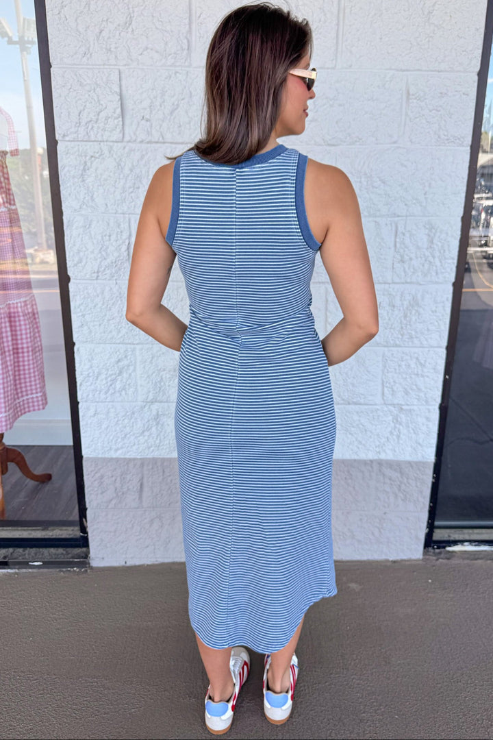 washed blue and off white horizontal striped ribbed trim midi dress