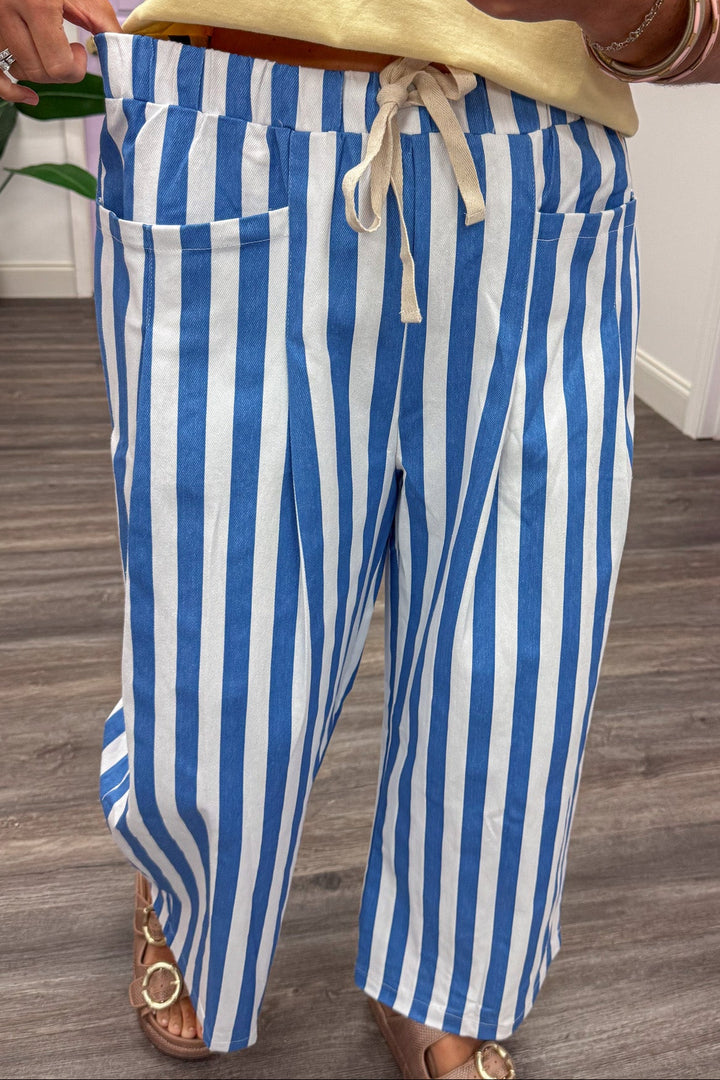 blue and white vertical striped elastic drawstring waistband twill denim wide leg pants