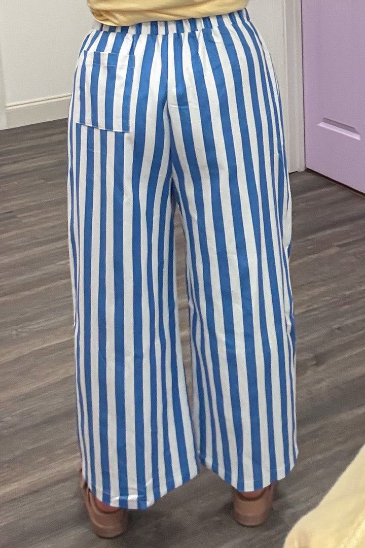 blue and white vertical striped elastic drawstring waist twill denim wide leg pants with one back pocket
