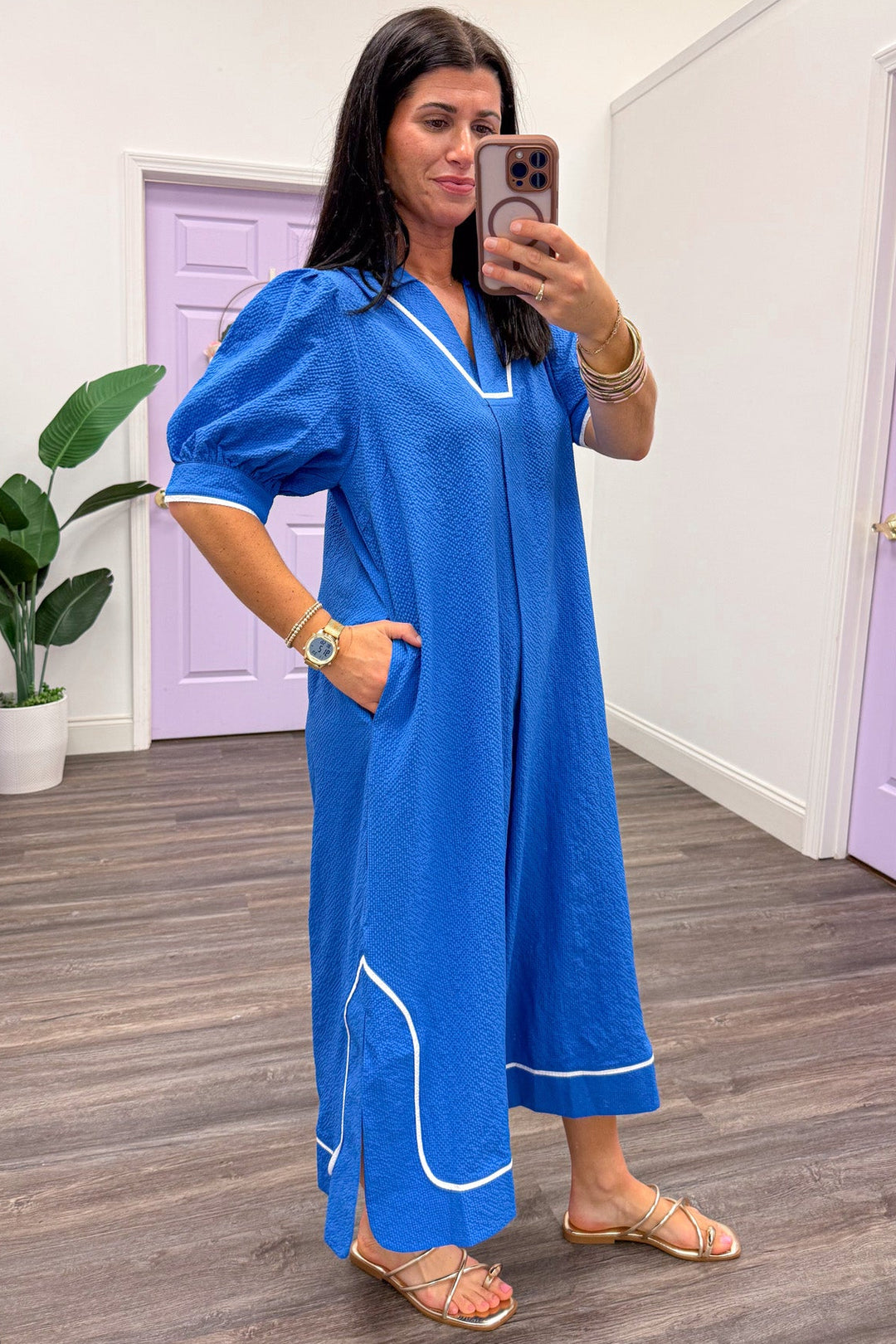 ocean blue with white trim puff sleeve v neckline midi dress side pockets