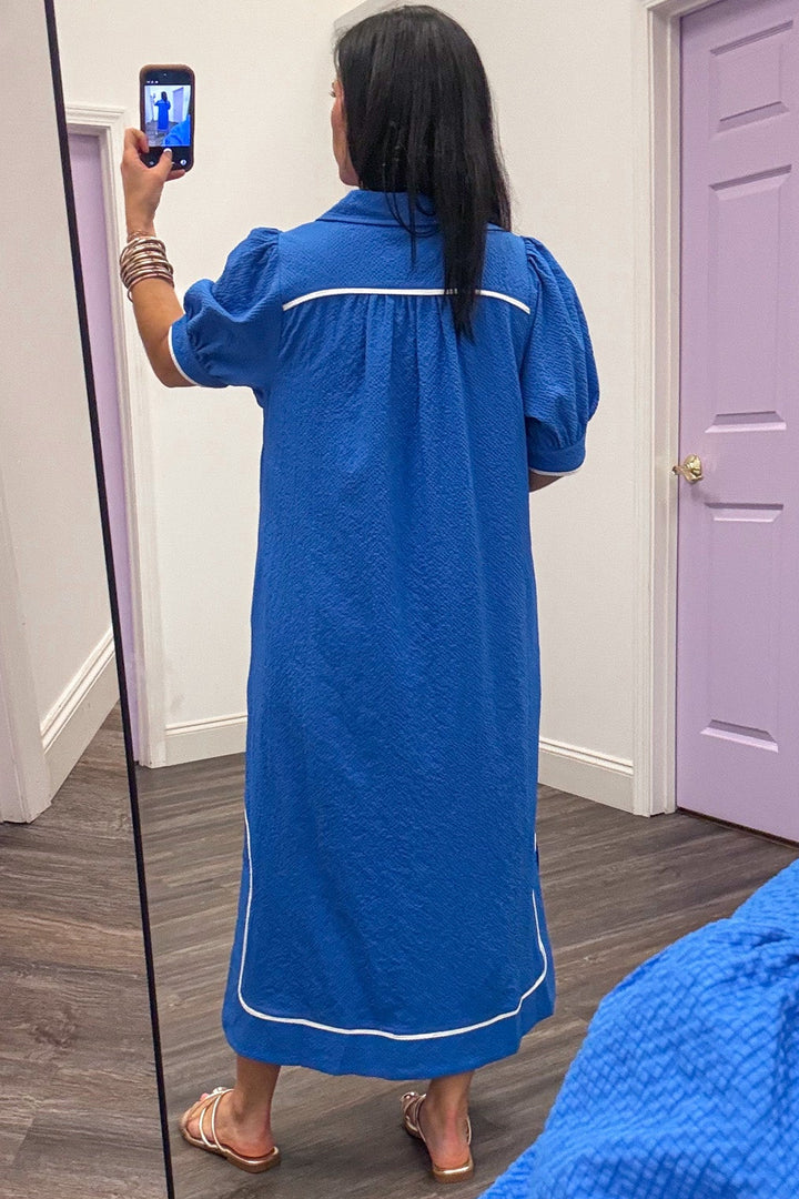 royal blue with white trim cuffed puff sleeve v neck collared midi dress