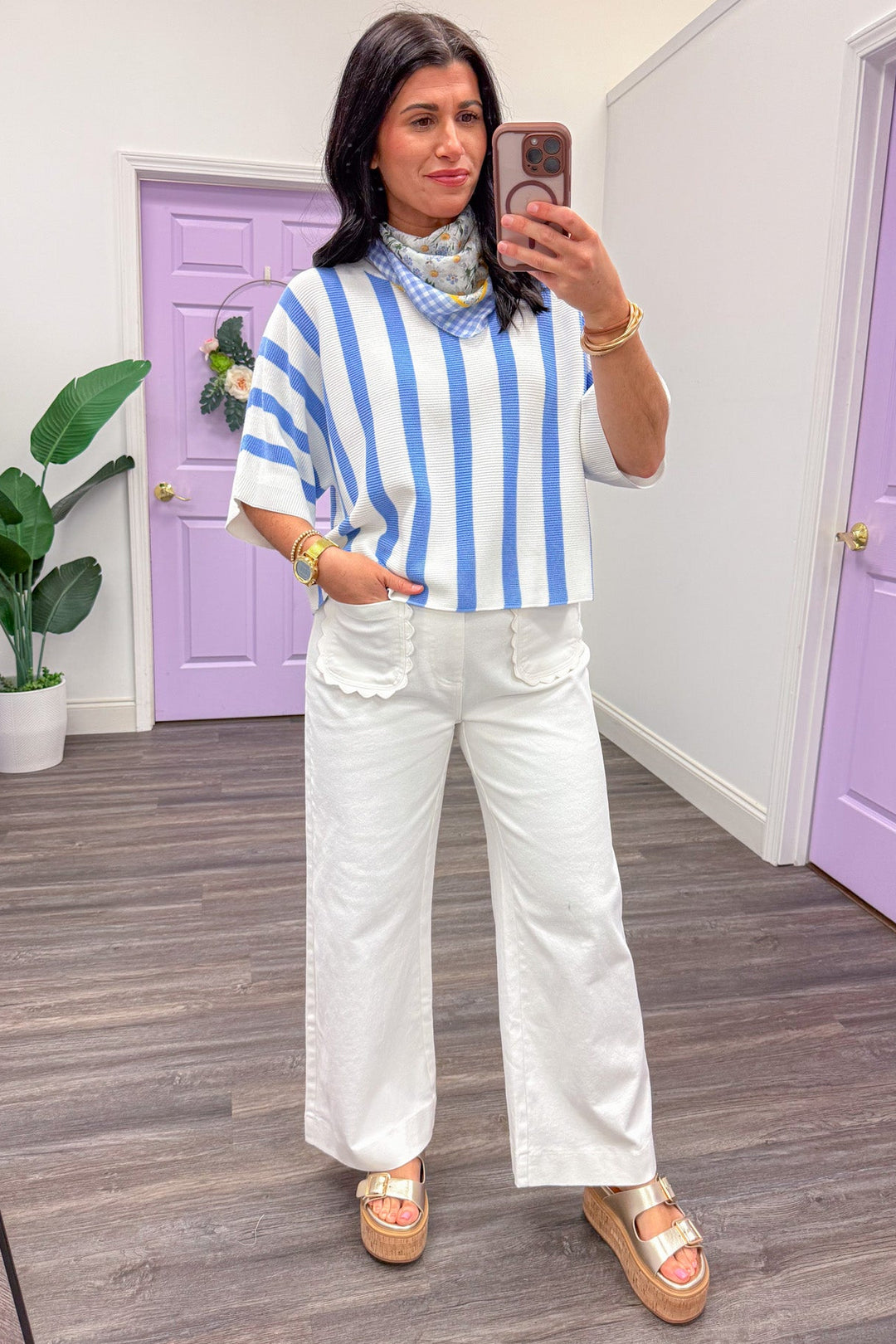 blue and off white vertical striped batwing sleeve knit top