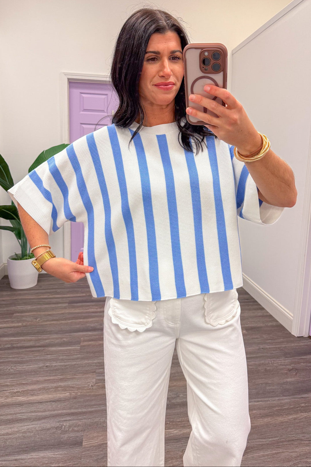 blue and off white vertical striped dolman sleeve loose knit top