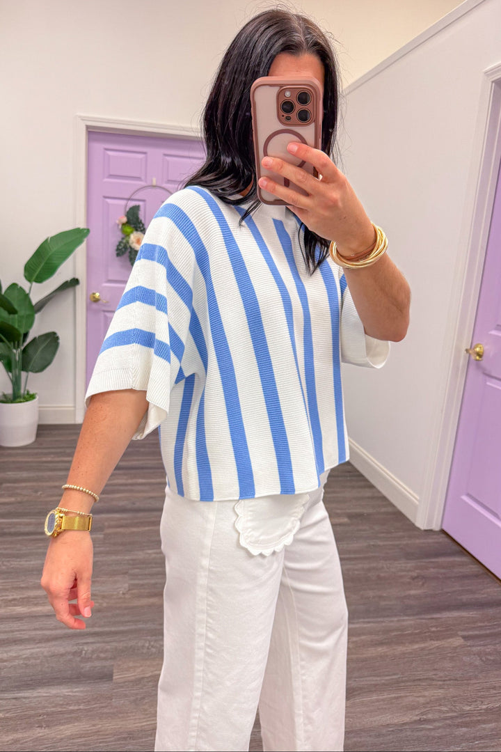 blue and off white vertical striped dolman sleeve ribbed knit top