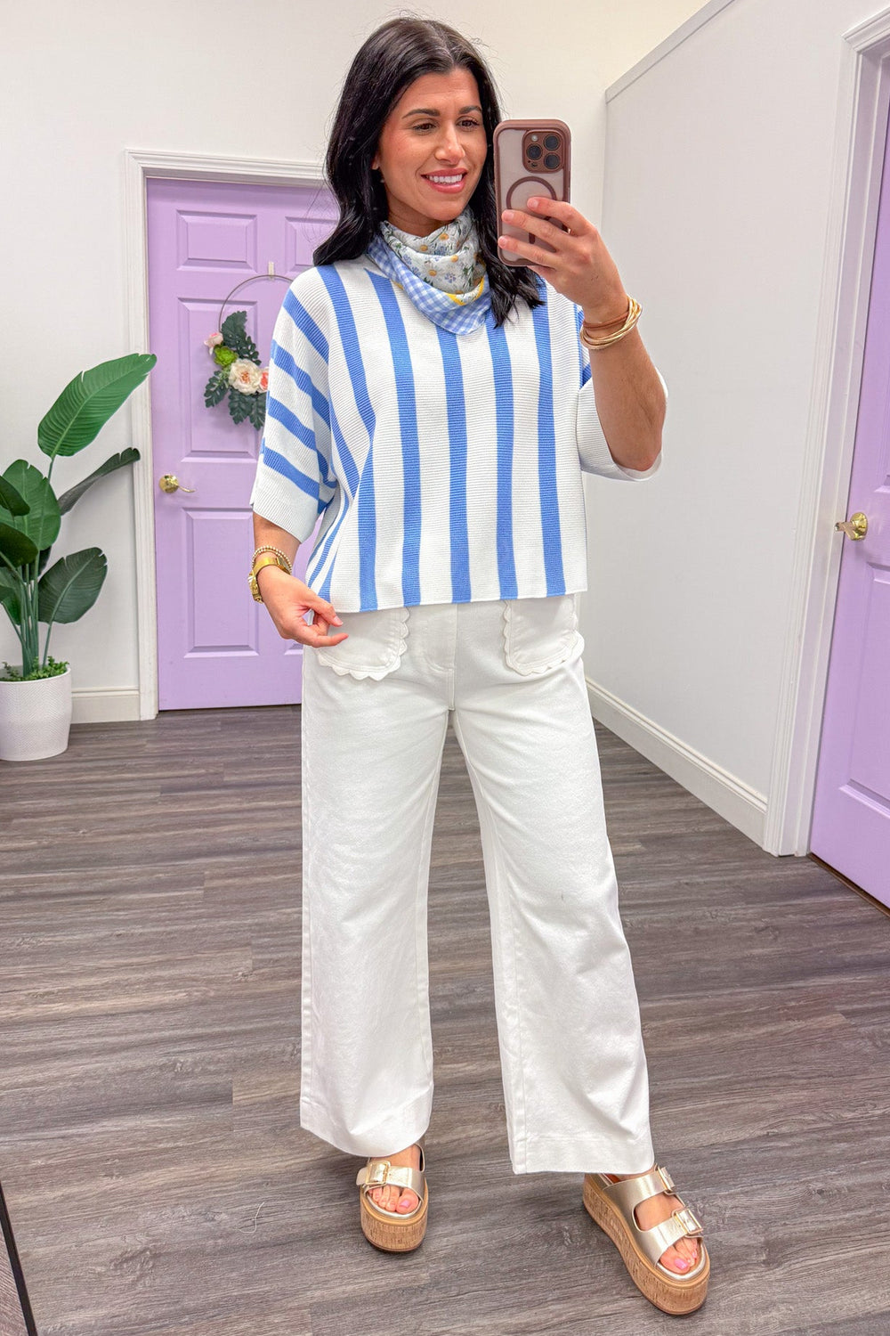 blue and off white vertical striped dolman sleeve semi cropped knit top
