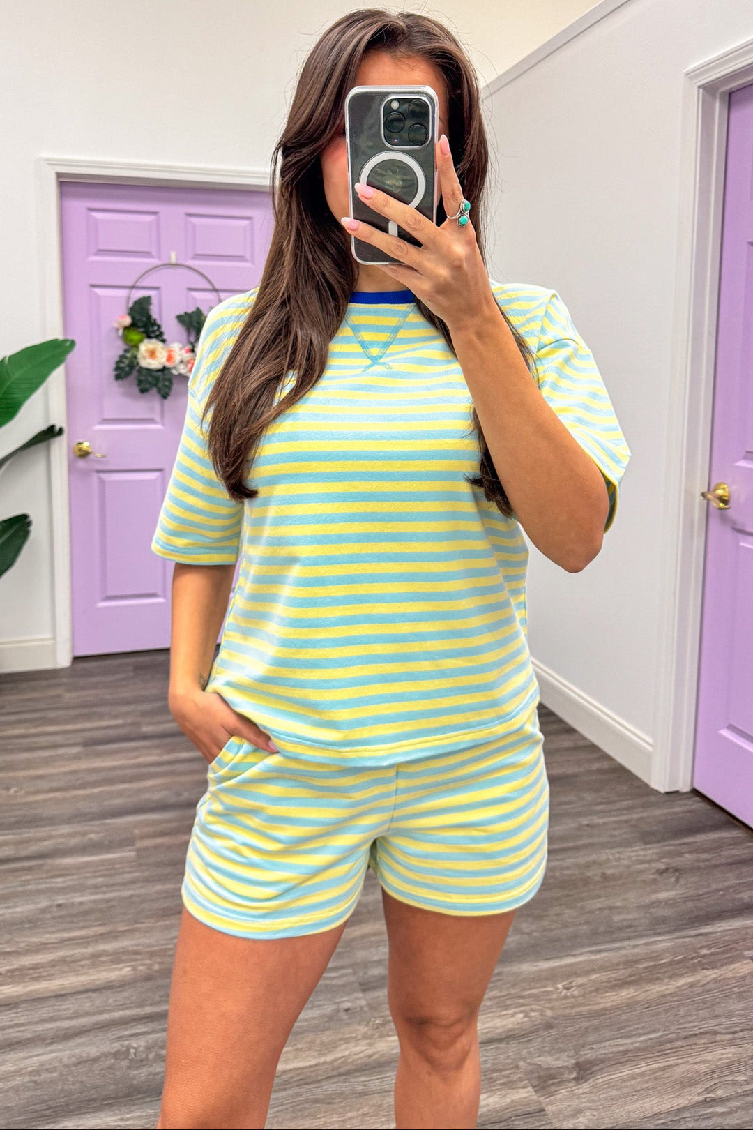 light blue and yellow striped terry knit crew neckline athleisure shorts set