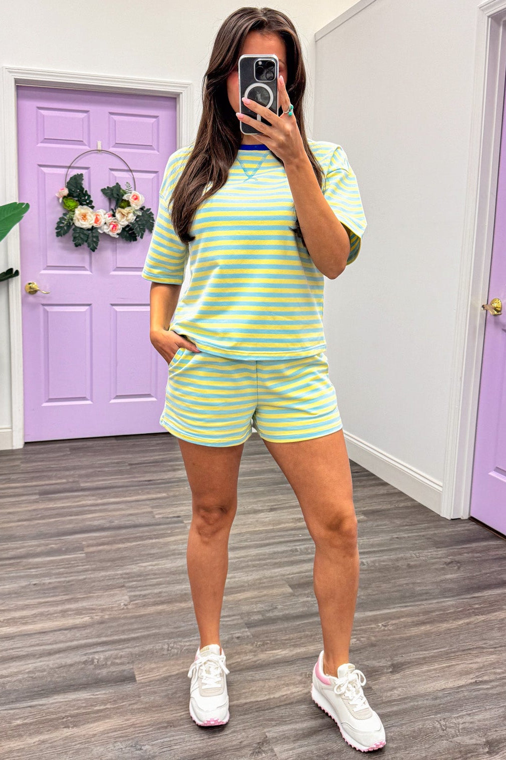 light blue and yellow striped terry knit athleisure shorts set