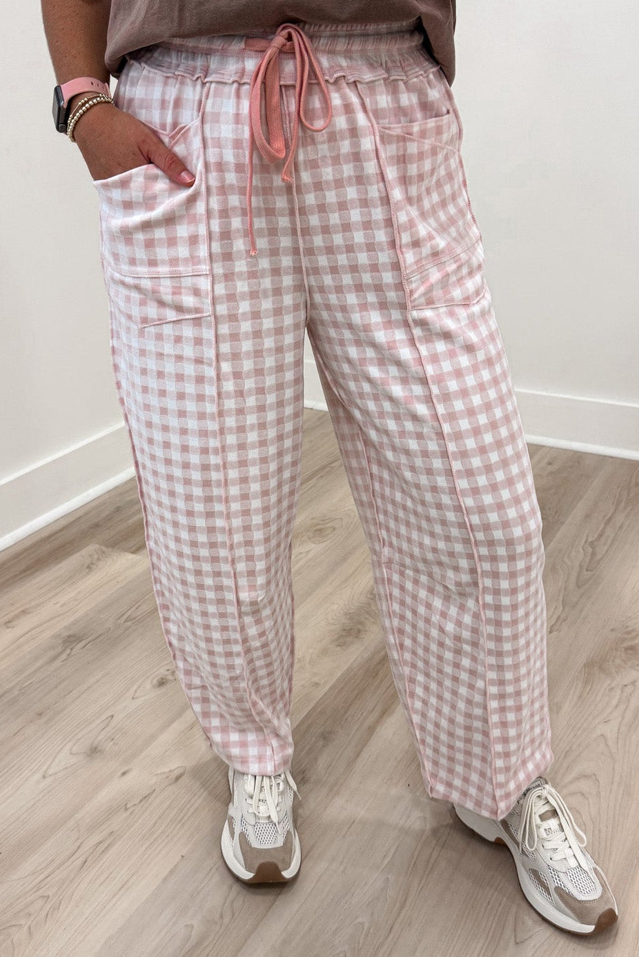 light blush pink and ivory gingham checkered print knit relaxed barrel leg pants with layered front pockets
