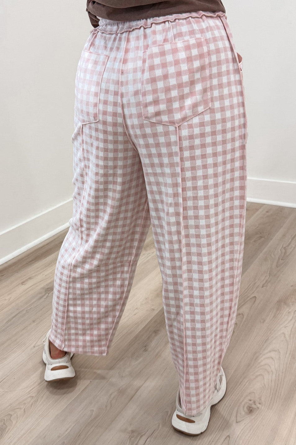 light blush pink and ivory gingham checkered print knit relaxed barrel leg pants with back pockets