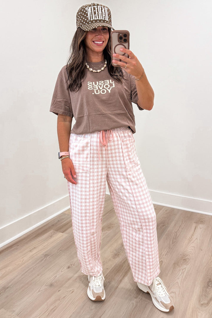 light blush pink and ivory gingham checkered print knit relaxed barrel leg pants