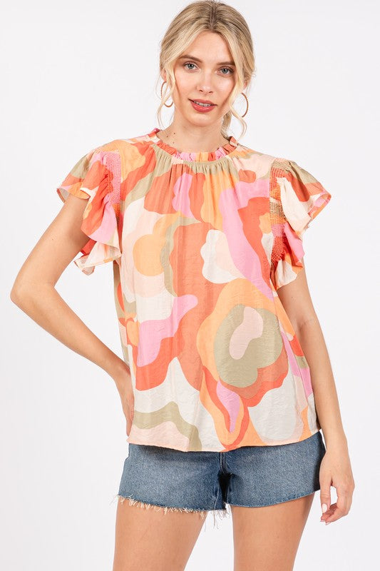 Ces Femme & Time After Time Blush pink multicolor printed top with ruffled sleeves
