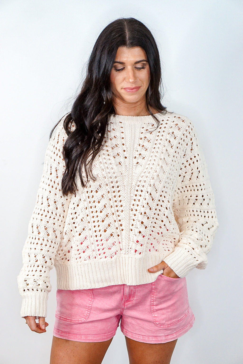 cream beachy crochet knit sweater