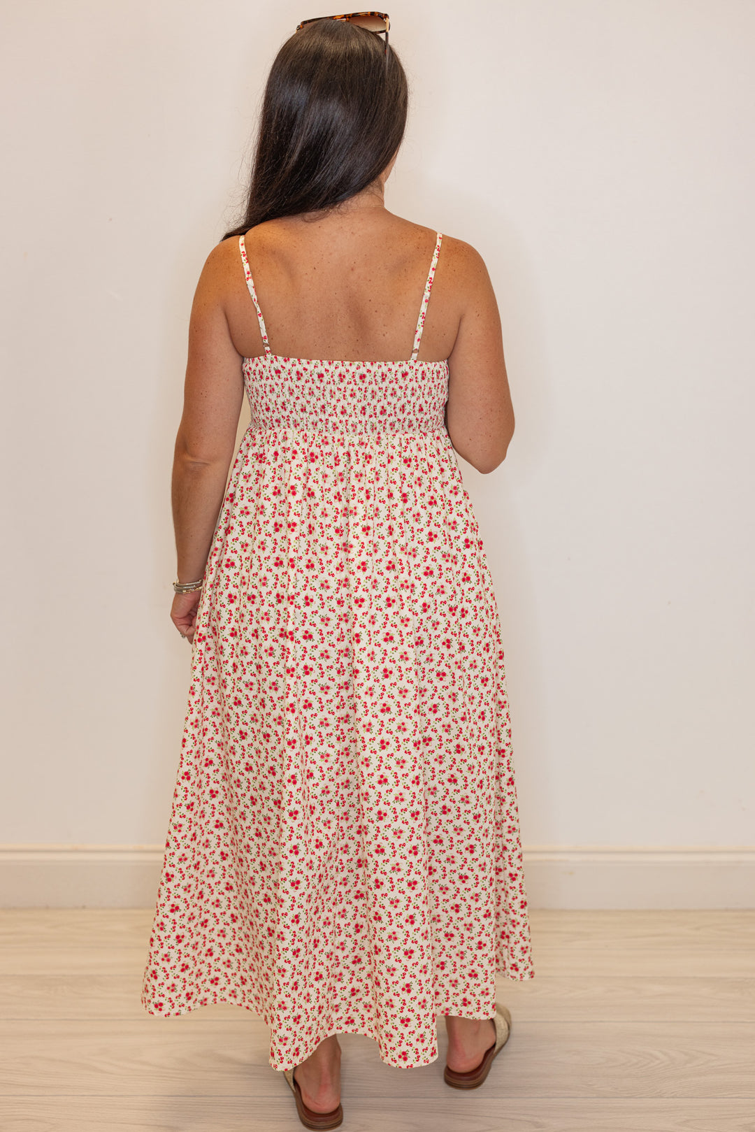 red dainty floral poplin summer midi dress