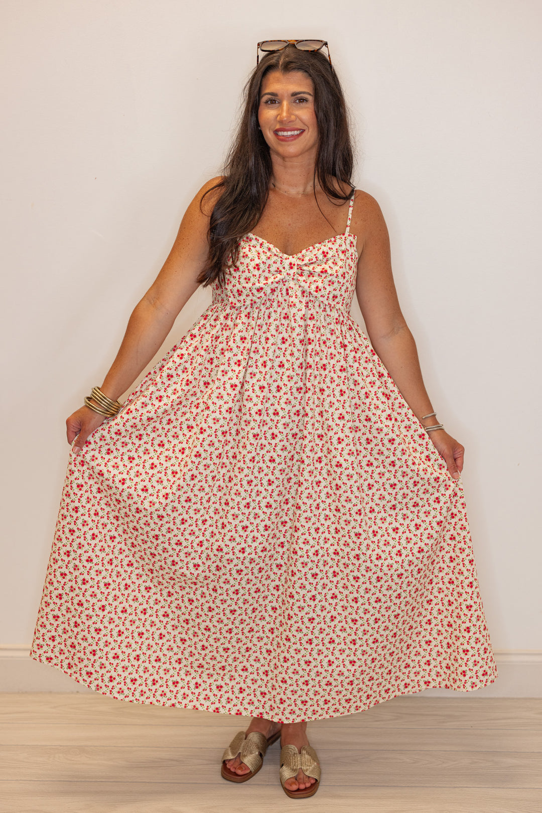 Floral Bow Cream Midi Dress Medium Floral Bow Cream Midi Dress Medium