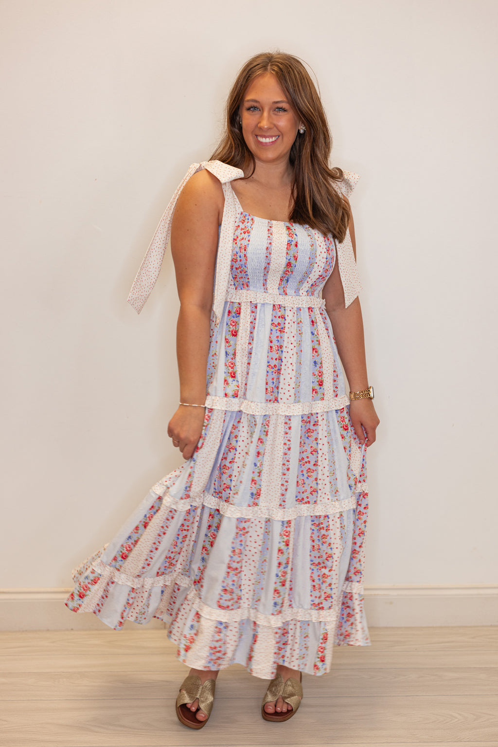 blue smocked tiered floral maxi dress