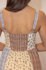 boho patchwork brown blue midi dress