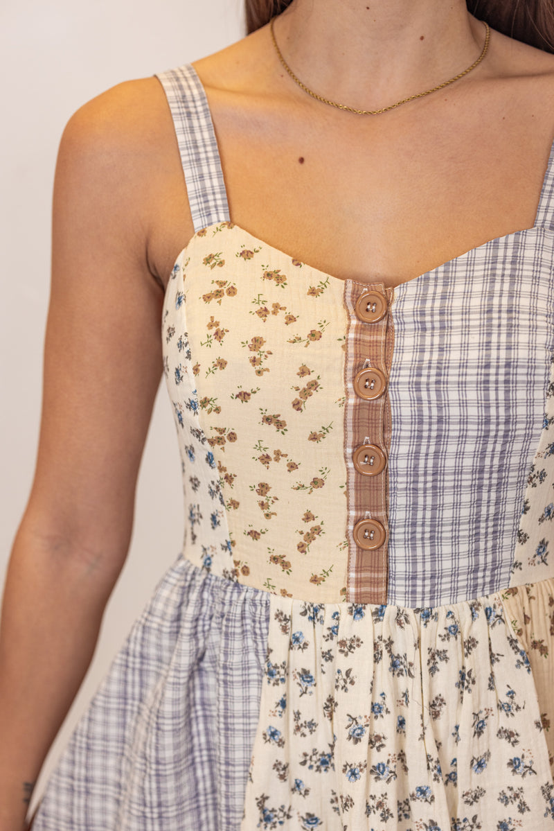 boho patchwork brown blue midi dress