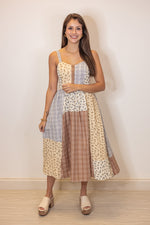 boho patchwork brown blue midi dress