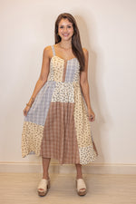boho patchwork brown blue midi dress