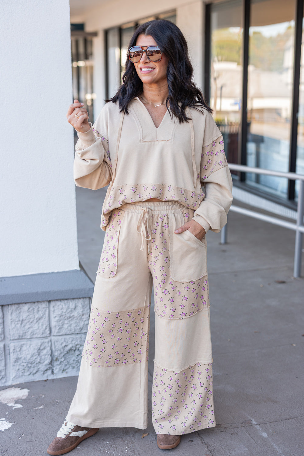 Women's washed khaki terry knit wide leg pants with pink floral print colorblock by Easel showing full front view