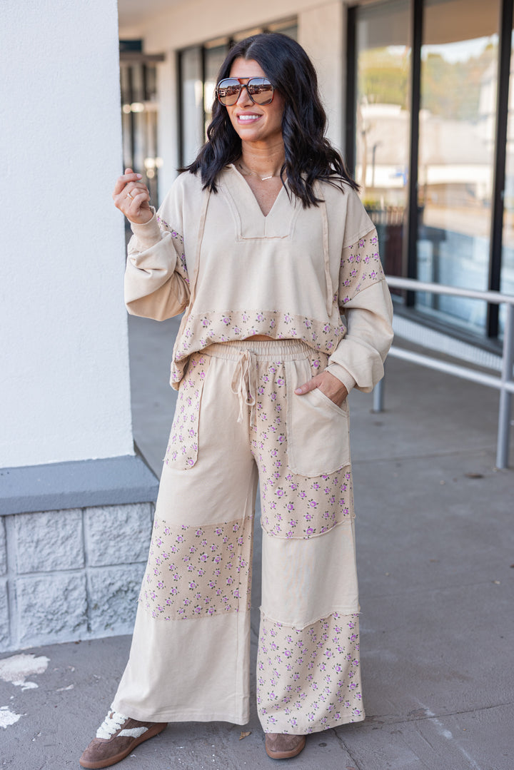 Women's washed khaki terry knit wide leg pants with pink floral print colorblock by Easel showing full front view