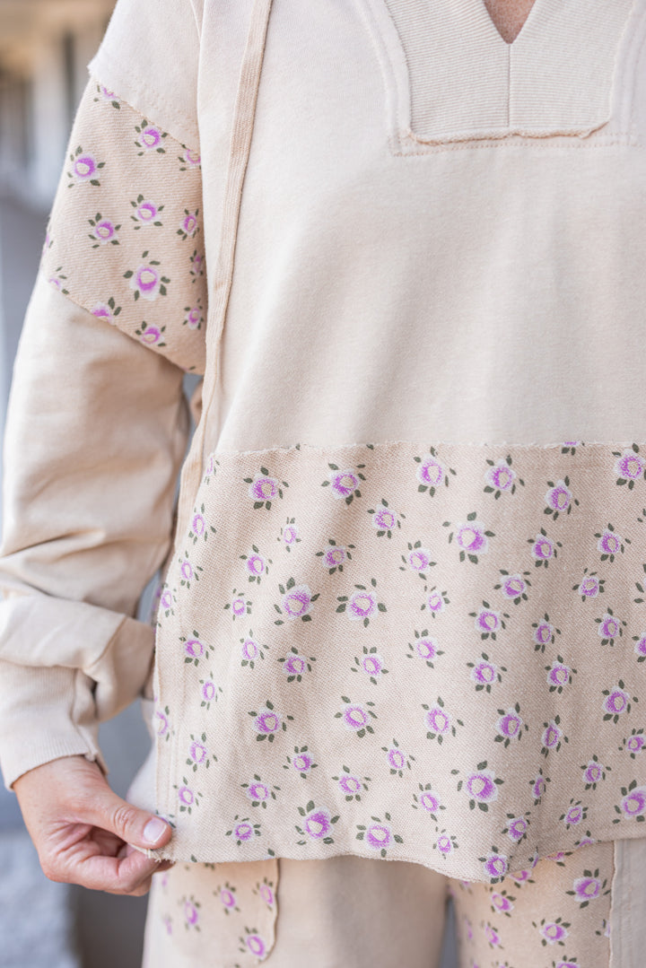 Women's washed khaki terry knit hooded pullover with pink floral print colorblock by Easel showing up close of floral pattern