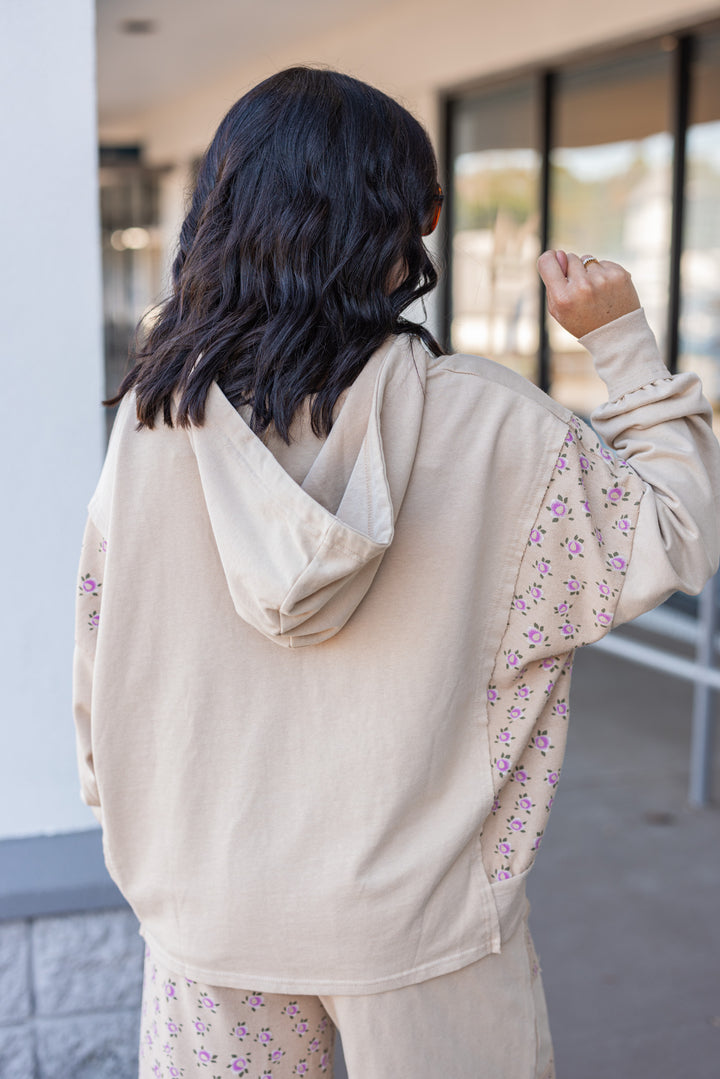 Women's washed khaki terry knit hooded pullover with pink floral print colorblock by Easel showing up close back view