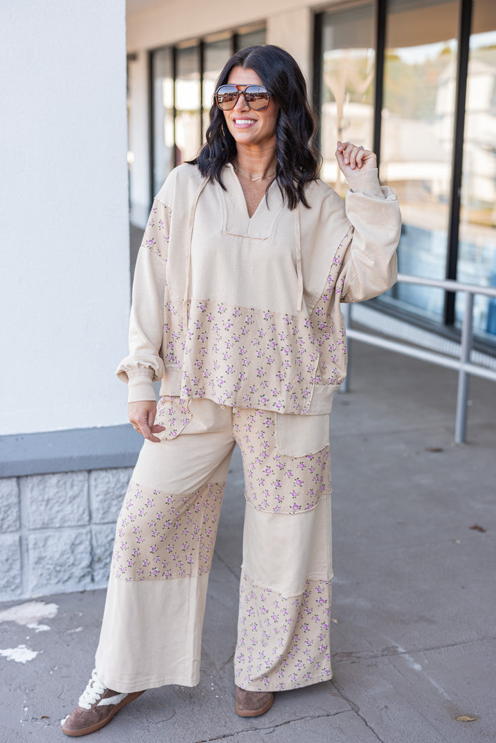 Women's washed khaki terry knit hooded pullover with pink floral print colorblock by Easel shown with matching pants