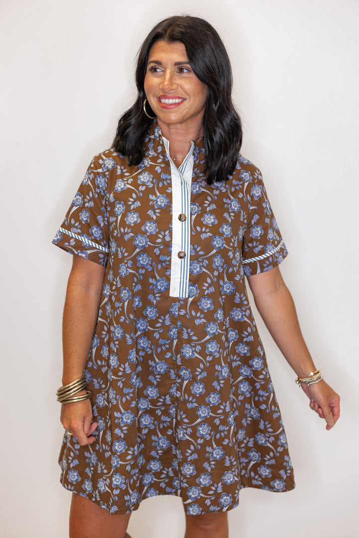 Women's brown dress with blue floral print and striped trim by Entro